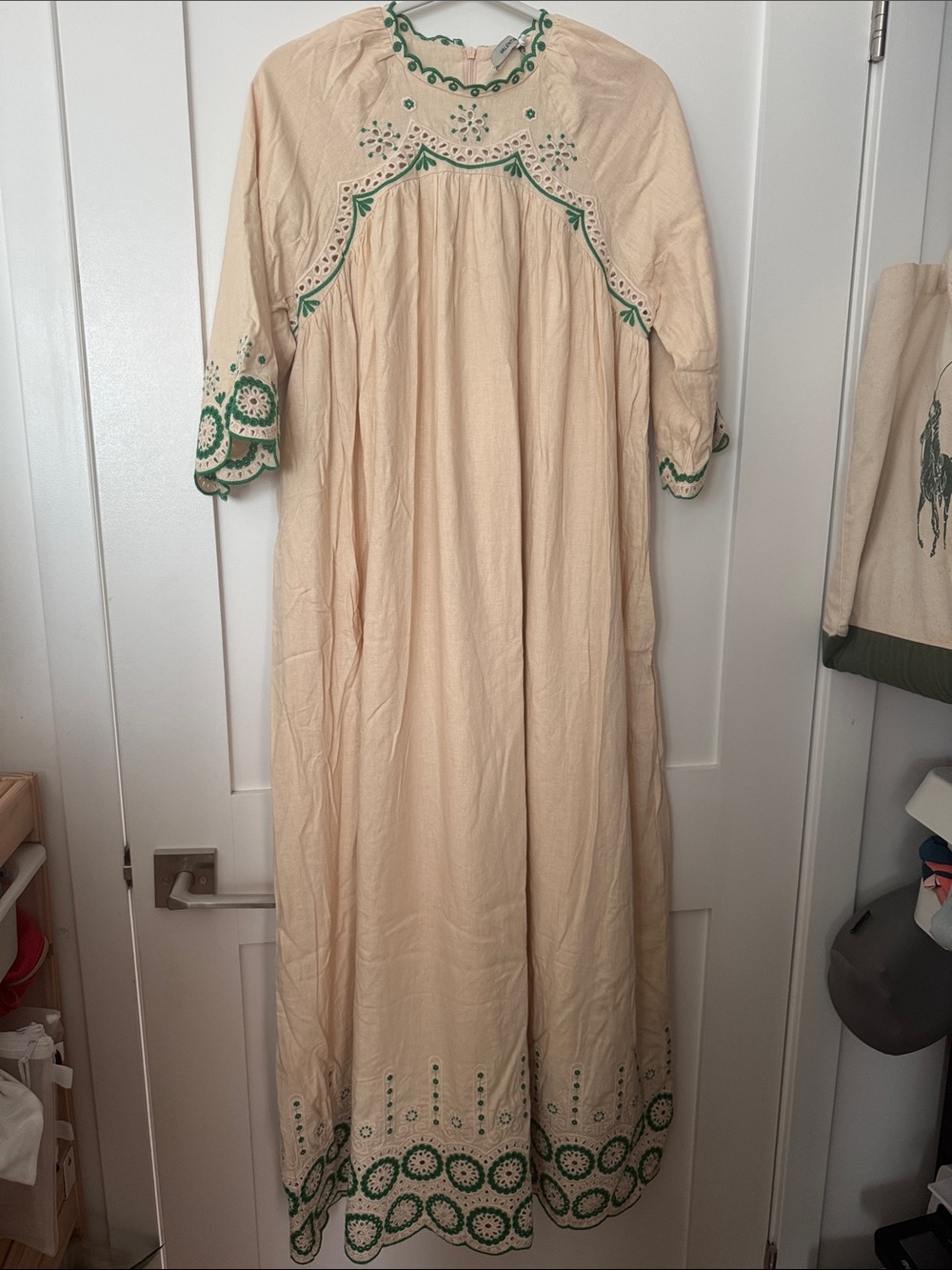 Valentina Cream Dress with Green Embroidery